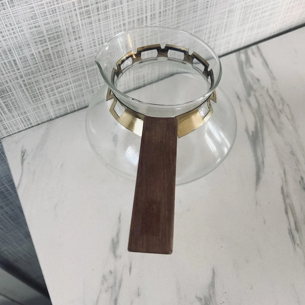 Vintage Inland MCM Clear Glass Coffee Carafe No Stopper Gold Metal Band‎ Barware
